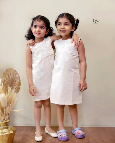 Mul Chanderi A-Line Kids Frock | Embroidered Yoke | Ivory