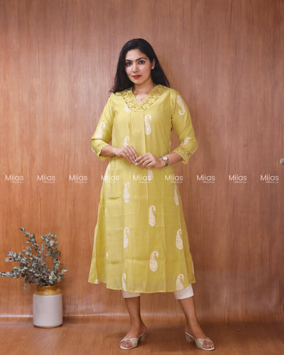 Mul Chanderi Dress Kurti | Box Pleats + Lace + Lined | Yellow