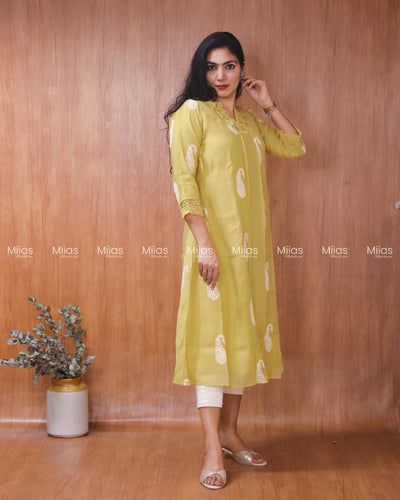 Mul Chanderi Dress Kurti | Box Pleats + Lace + Lined | Yellow