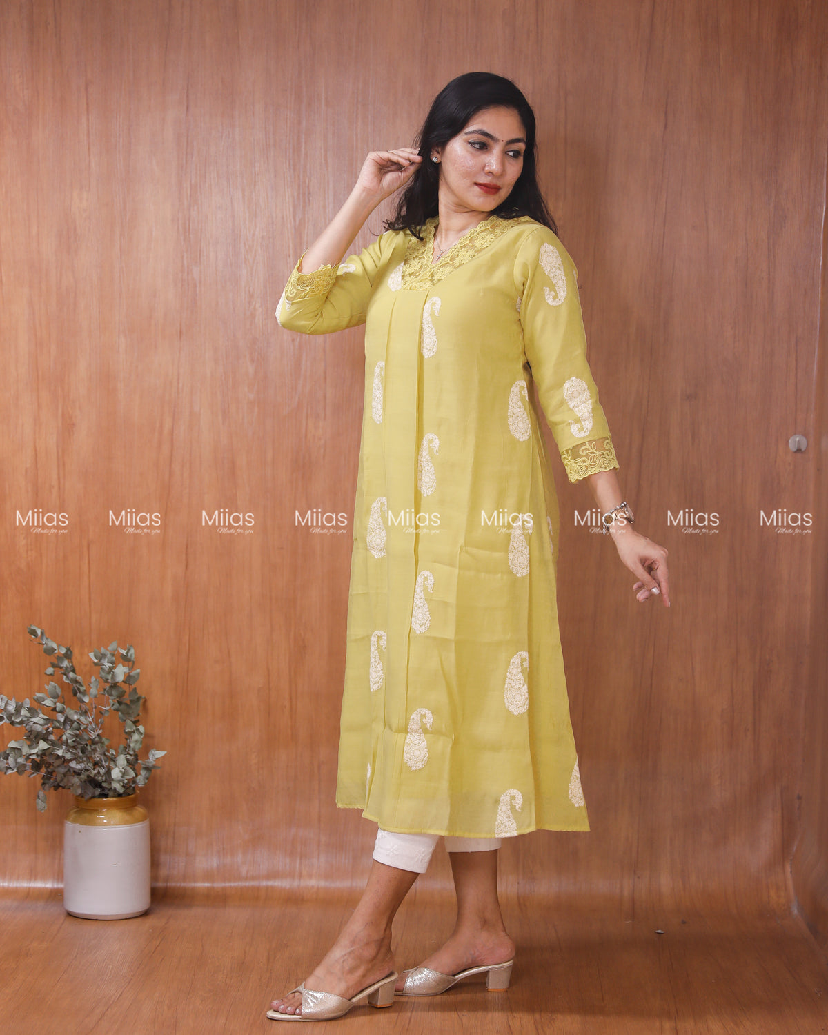 Mul Chanderi Dress Kurti | Box Pleats + Lace + Lined | Yellow