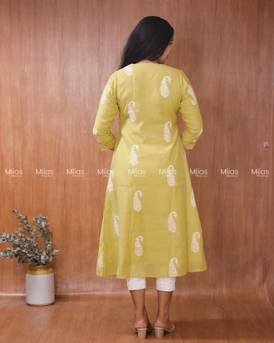Mul Chanderi Dress Kurti | Box Pleats + Lace + Lined | Yellow