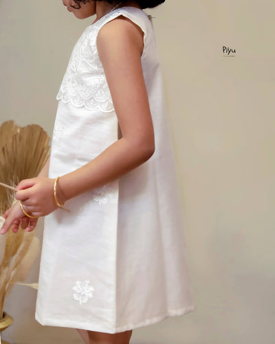 Mul Chanderi A-Line Kids Frock | Embroidered Yoke | Ivory