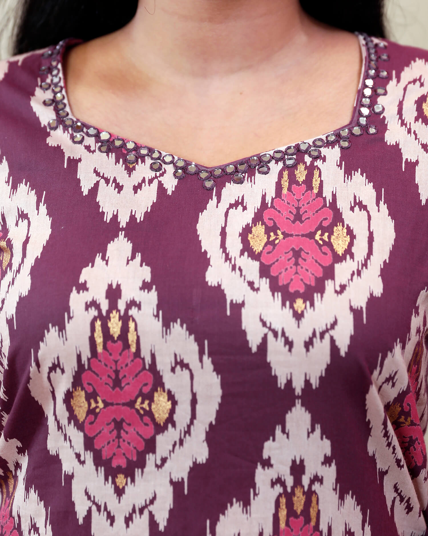 Mirror & Foil-Touch Cotton Co-ord Set – Stylish & Comfortable-Maroon