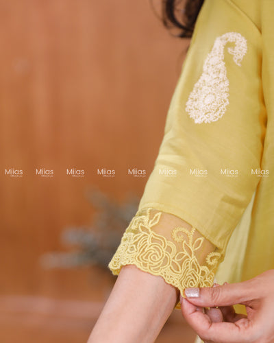 Mul Chanderi Dress Kurti | Box Pleats + Lace + Lined | Yellow