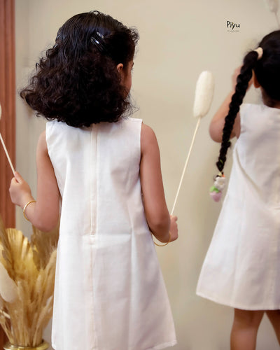 Mul Chanderi A-Line Kids Frock | Embroidered Yoke | Ivory