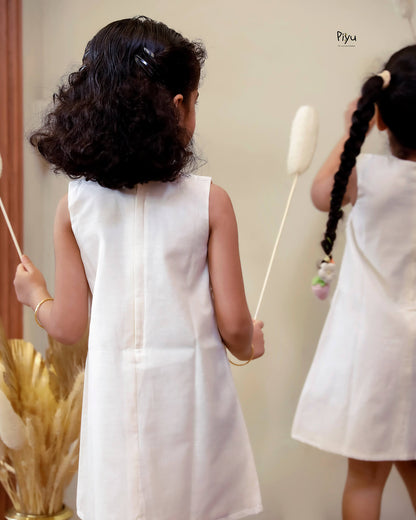 Mul Chanderi A-Line Kids Frock | Embroidered Yoke | Ivory