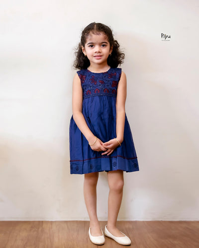 Mul Chanderi Frock | Tonal Applique Yoke, Lace Hem | Blue