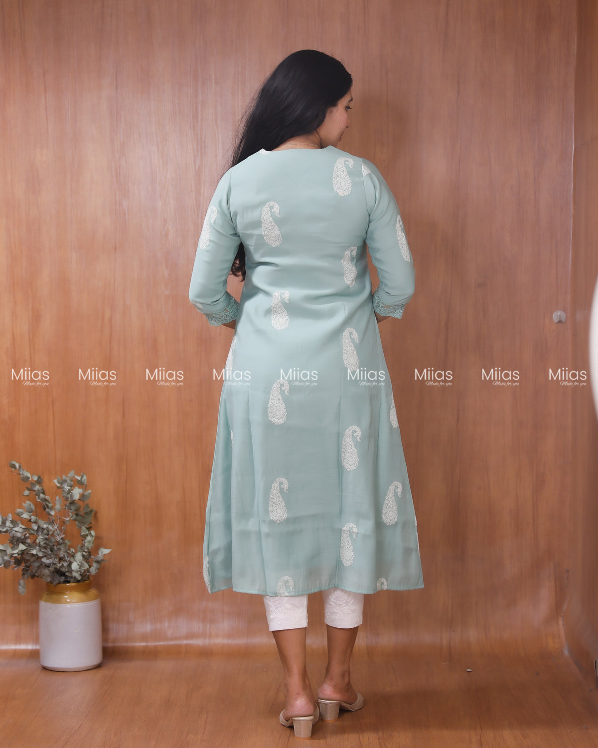 Mul Chanderi Dress Kurti | Inverted Pleats + Lace Accents| Seafoam Green