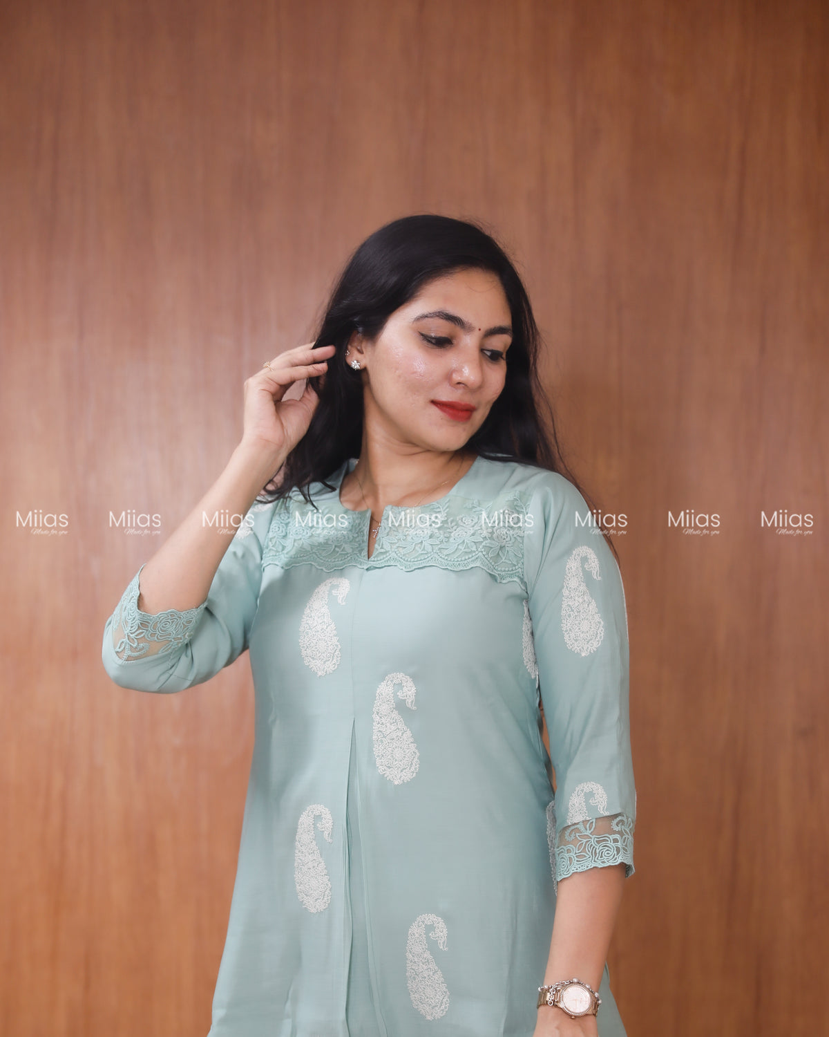 Mul Chanderi Dress Kurti | Inverted Pleats + Lace Accents| Seafoam Green