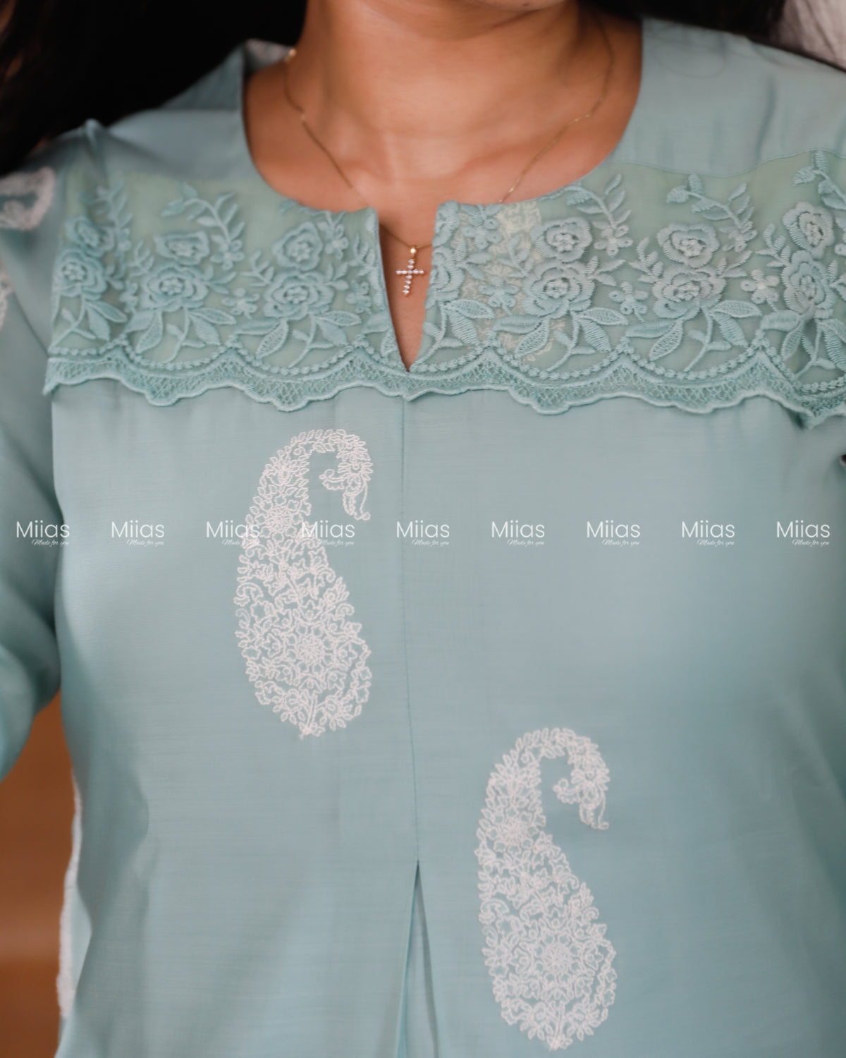 Mul Chanderi Dress Kurti | Inverted Pleats + Lace Accents| Seafoam Green