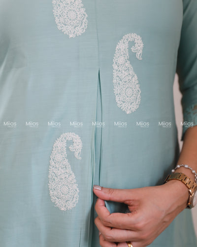 Mul Chanderi Dress Kurti | Inverted Pleats + Lace Accents| Seafoam Green
