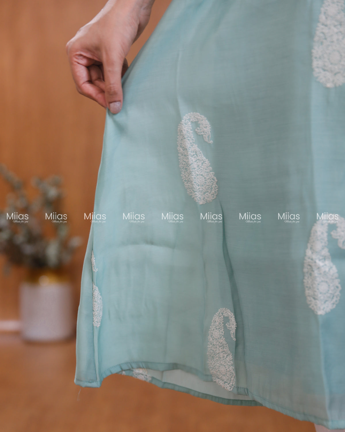 Mul Chanderi Dress Kurti | Inverted Pleats + Lace Accents| Seafoam Green