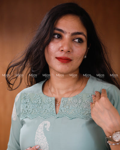 Mul Chanderi Dress Kurti | Inverted Pleats + Lace Accents| Seafoam Green