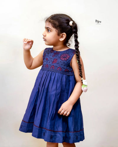 Mul Chanderi Frock | Tonal Applique Yoke, Lace Hem | Blue