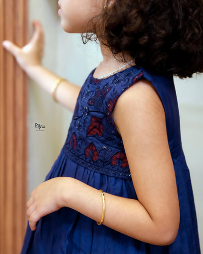 Mul Chanderi Frock | Tonal Applique Yoke, Lace Hem | Blue