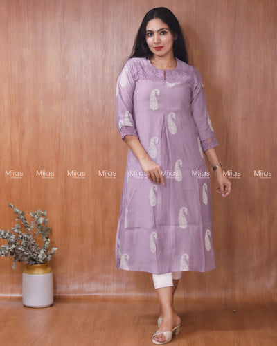 Mul Chanderi Dress Kurti | Inverted Pleats + Lace Accents| Light Lavender