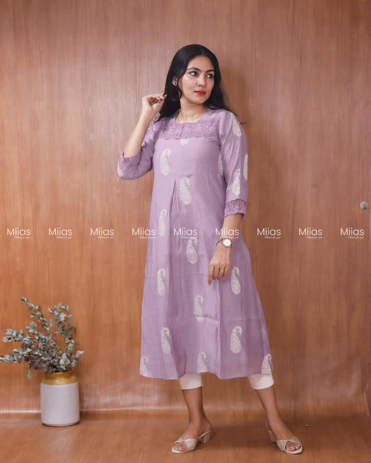 Mul Chanderi Dress Kurti | Inverted Pleats + Lace Accents| Light Lavender
