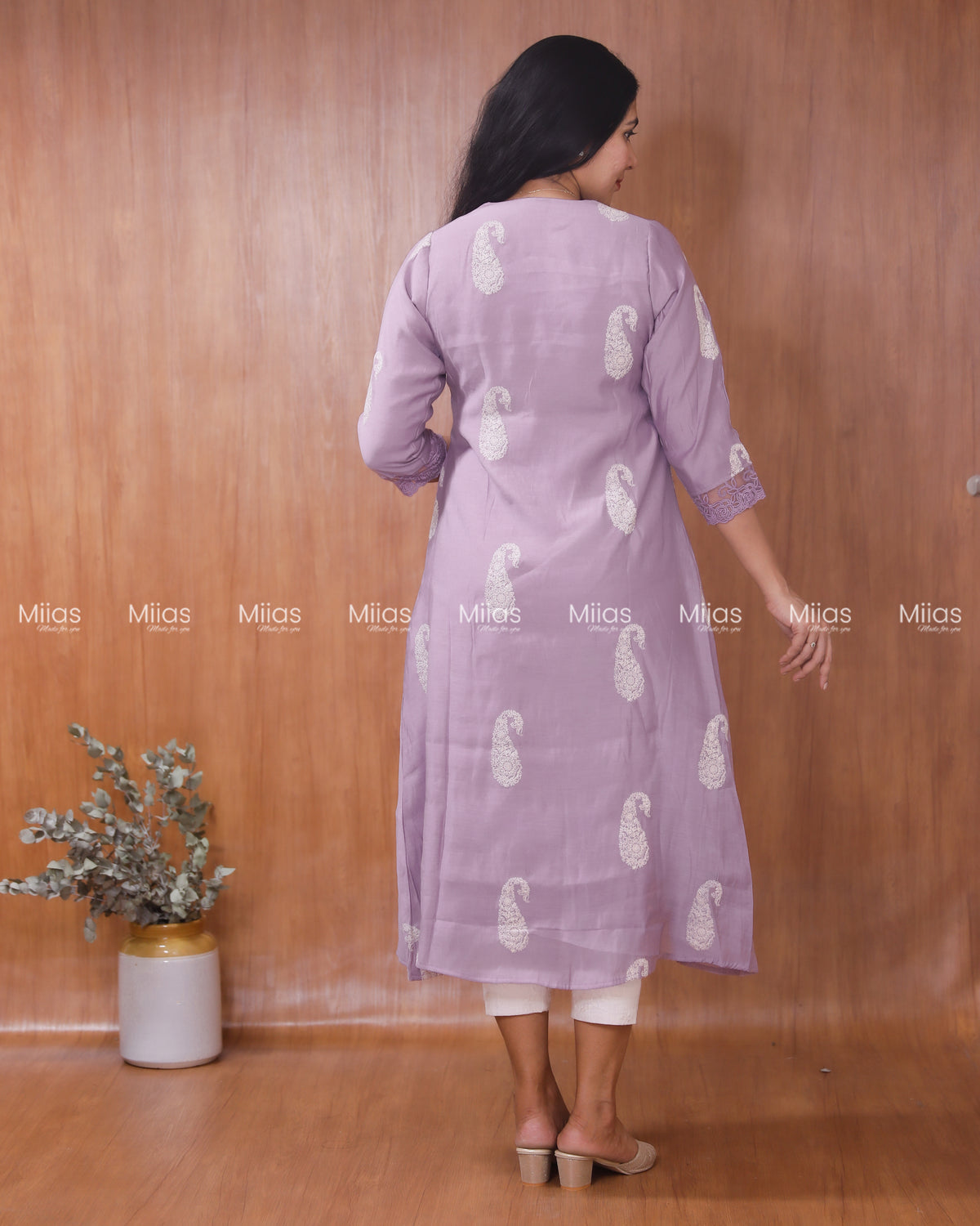 Mul Chanderi Dress Kurti | Inverted Pleats + Lace Accents| Light Lavender