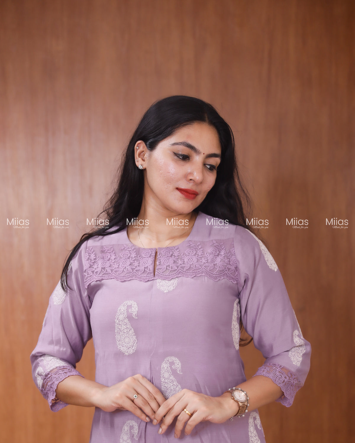 Mul Chanderi Dress Kurti | Inverted Pleats + Lace Accents| Light Lavender