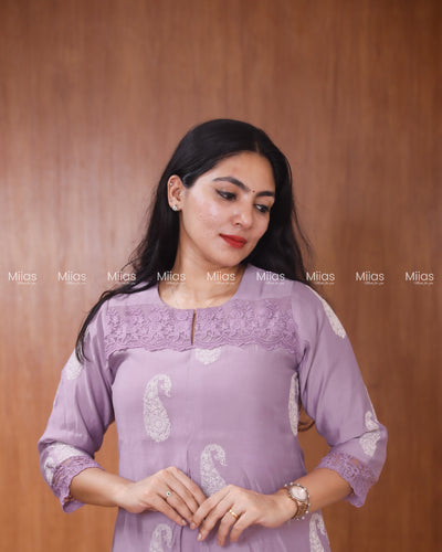 Mul Chanderi Dress Kurti | Inverted Pleats + Lace Accents| Light Lavender