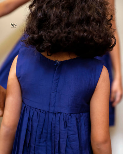 Mul Chanderi Frock | Tonal Applique Yoke, Lace Hem | Blue