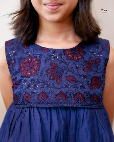 Mul Chanderi Frock | Tonal Applique Yoke, Lace Hem | Blue