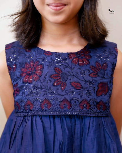 Mul Chanderi Frock | Tonal Applique Yoke, Lace Hem | Blue