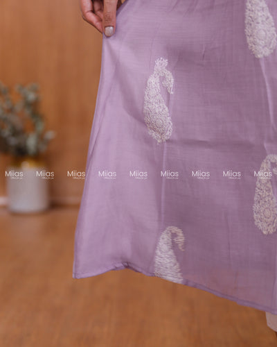 Mul Chanderi Dress Kurti | Inverted Pleats + Lace Accents| Light Lavender