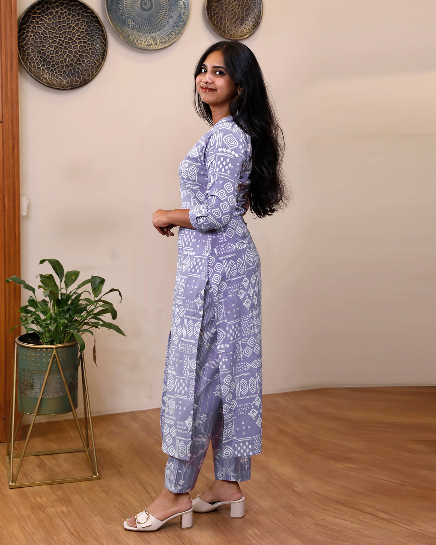 Printed South Cotton Top –with Sequin Detail & Slit Design