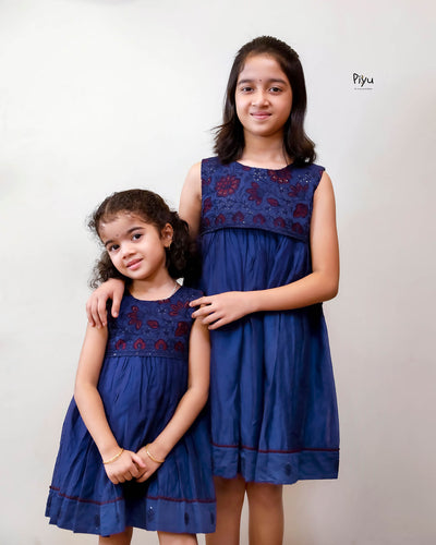 Mul Chanderi Frock | Tonal Applique Yoke, Lace Hem | Blue