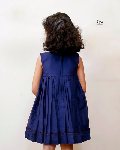 Mul Chanderi Frock | Tonal Applique Yoke, Lace Hem | Blue