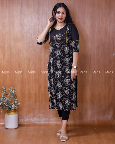 Mul Cotton Slit Kurti | Zardosi Sequin Yoke + Thread Work| Black