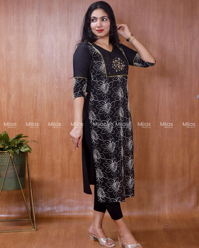 Mul Cotton Slit Kurti | Zardosi Sequin Yoke + Thread Work| Black