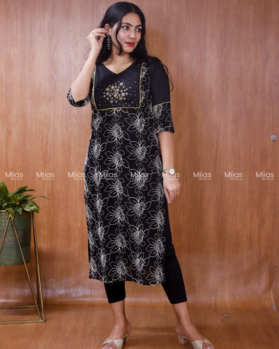 Mul Cotton Slit Kurti | Zardosi Sequin Yoke + Thread Work| Black