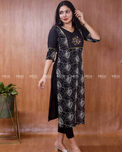 Mul Cotton Slit Kurti | Zardosi Sequin Yoke + Thread Work| Black
