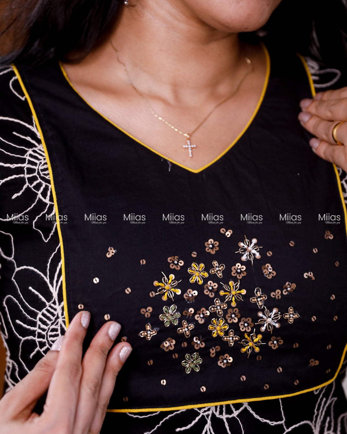 Mul Cotton Slit Kurti | Zardosi Sequin Yoke + Thread Work| Black