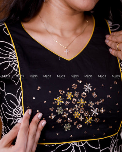 Mul Cotton Slit Kurti | Zardosi Sequin Yoke + Thread Work| Black