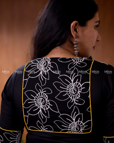 Mul Cotton Slit Kurti | Zardosi Sequin Yoke + Thread Work| Black