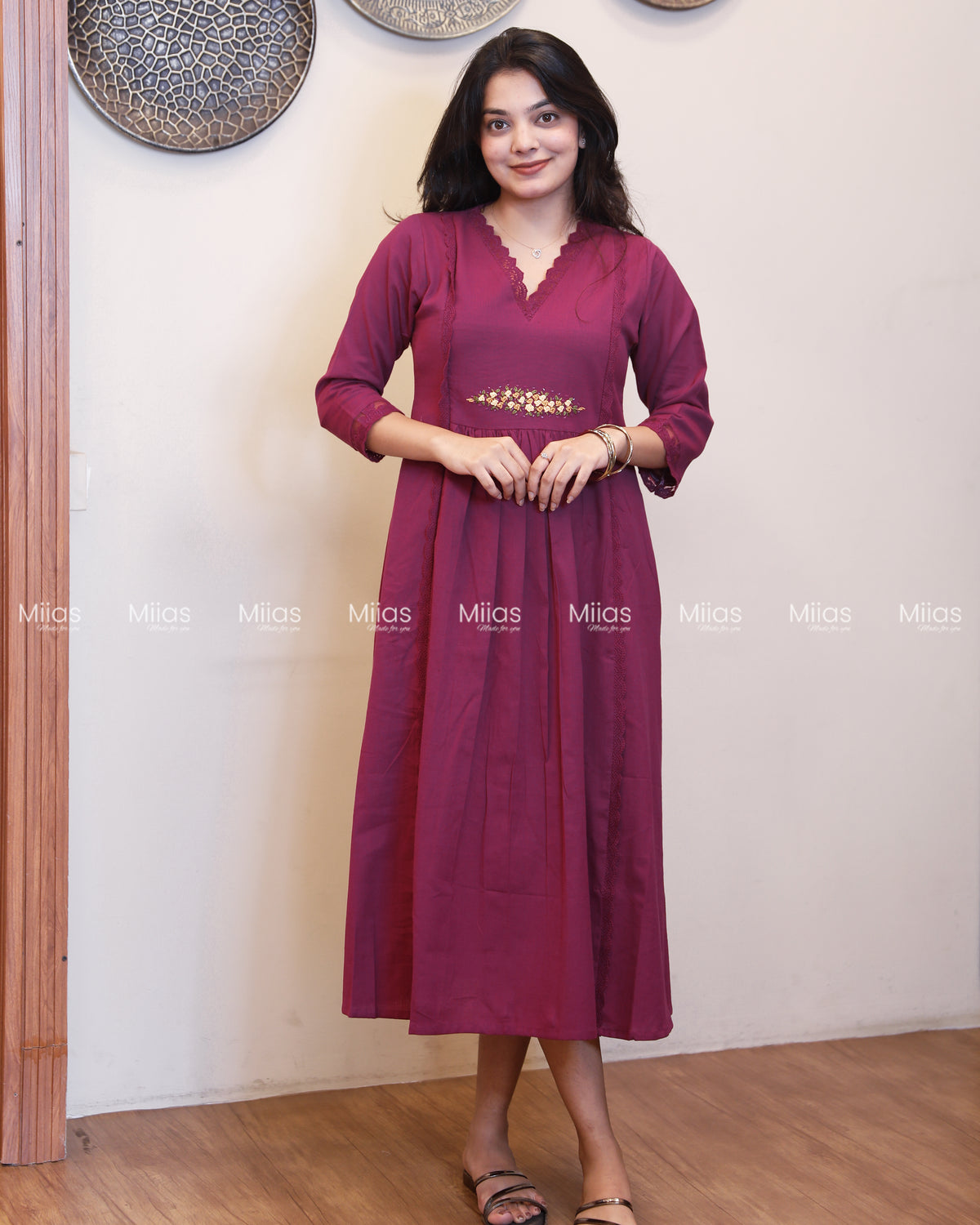 Flex Cotton 3-Panel Dress Kurti | Bullion Rose + Lace | Deep Magenta