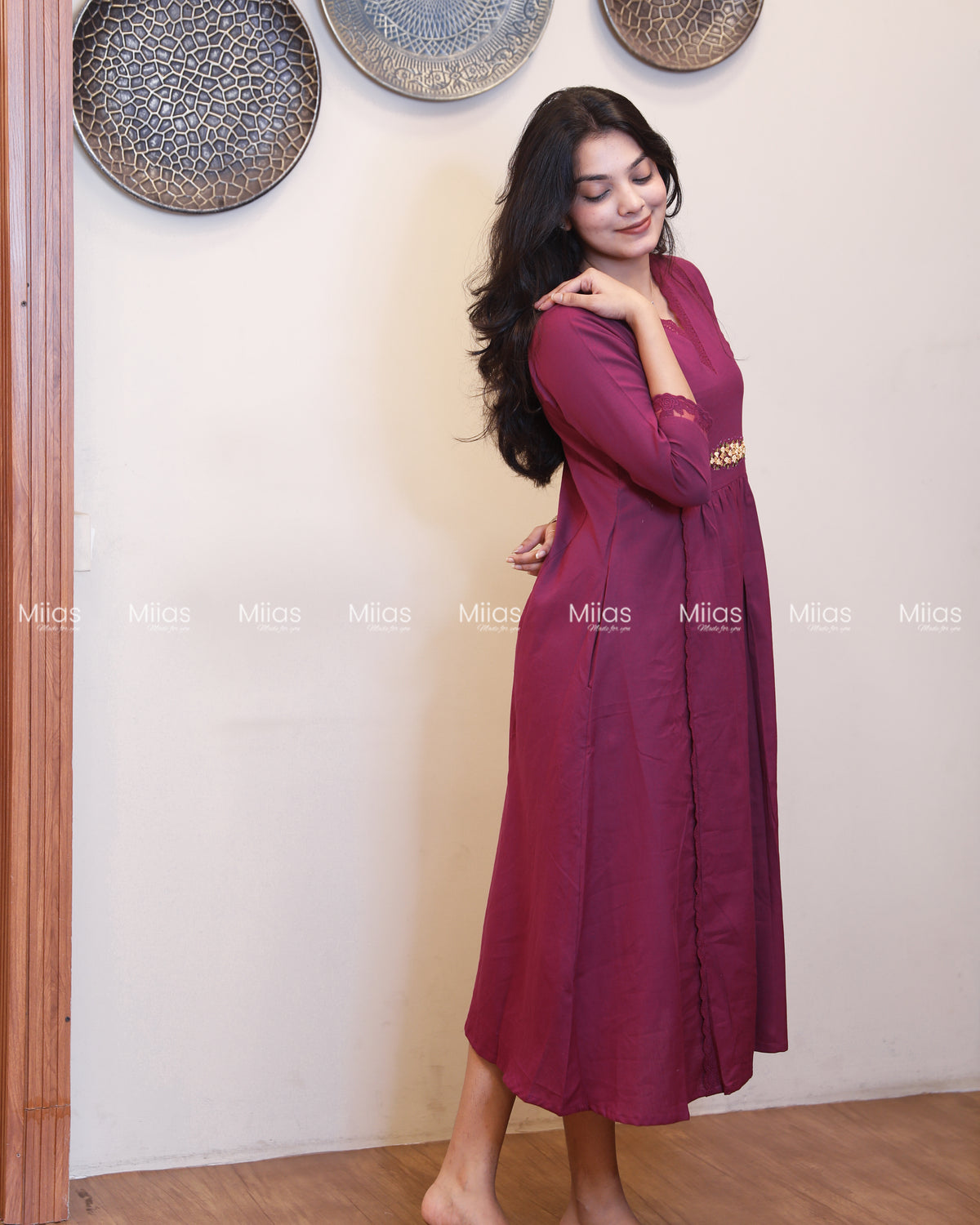 Flex Cotton 3-Panel Dress Kurti | Bullion Rose + Lace | Deep Magenta