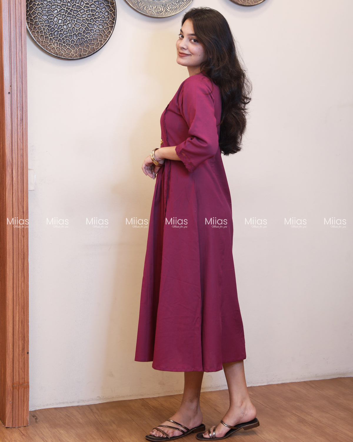 Flex Cotton 3-Panel Dress Kurti | Bullion Rose + Lace | Deep Magenta