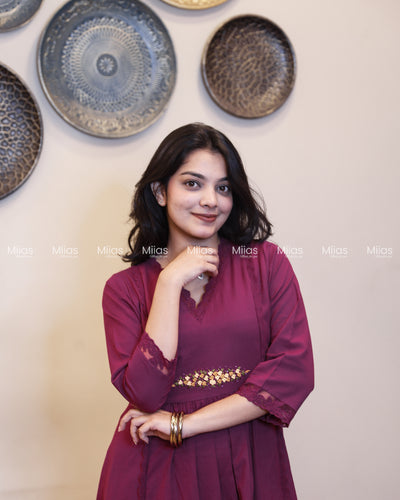 Flex Cotton 3-Panel Dress Kurti | Bullion Rose + Lace | Deep Magenta