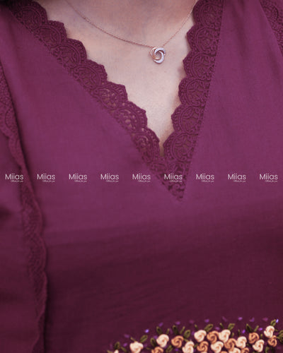 Flex Cotton 3-Panel Dress Kurti | Bullion Rose + Lace | Deep Magenta