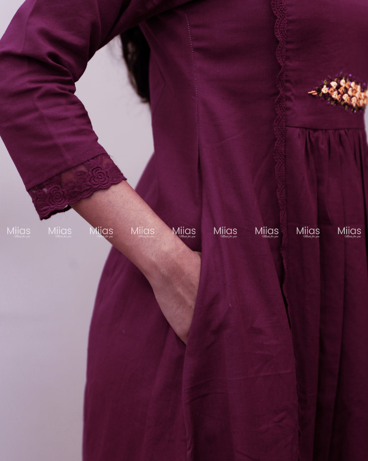 Flex Cotton 3-Panel Dress Kurti | Bullion Rose + Lace | Deep Magenta