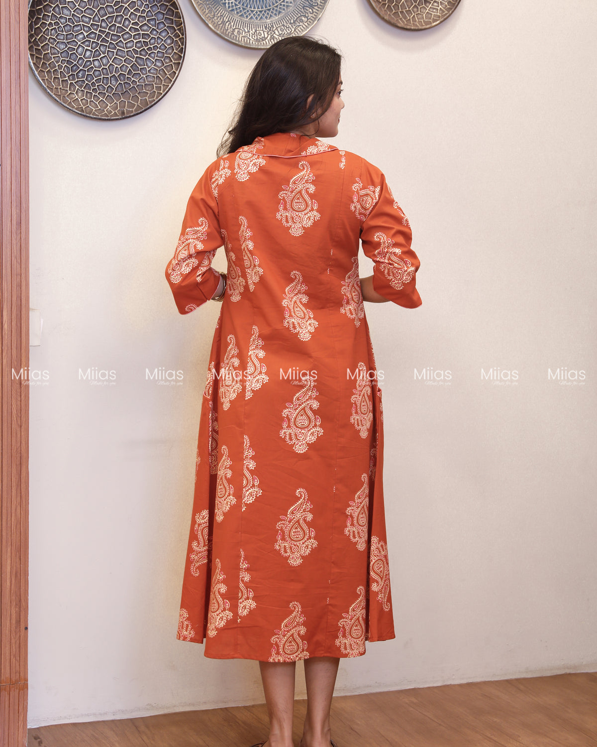 South Cotton 3-Panel Dress Kurti | Shirt Collar + Potli Buttons| Terracotta Orange