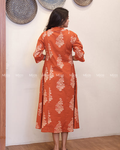 South Cotton 3-Panel Dress Kurti | Shirt Collar + Potli Buttons| Terracotta Orange