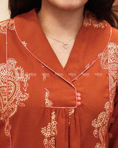 South Cotton 3-Panel Dress Kurti | Shirt Collar + Potli Buttons| Terracotta Orange