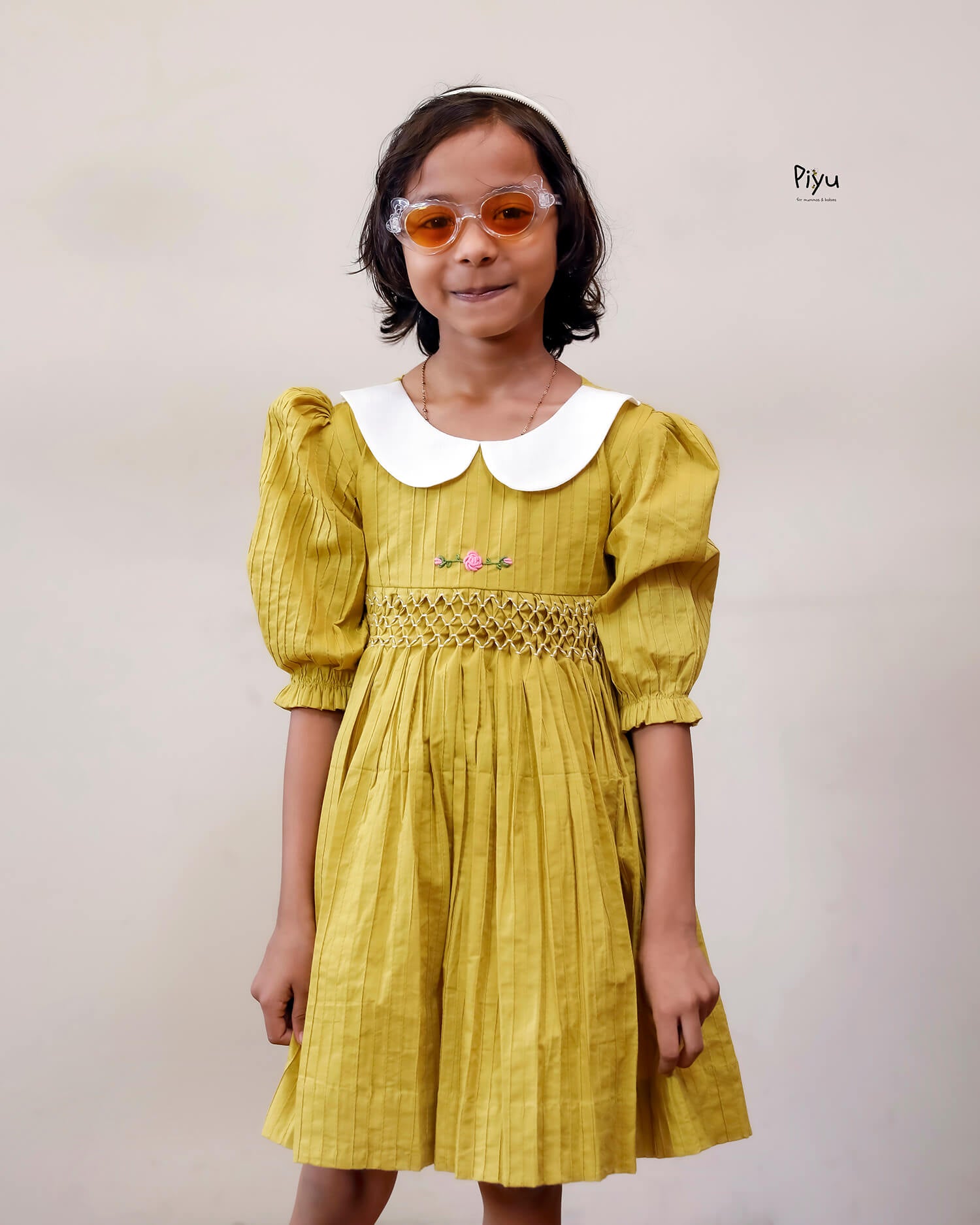 Cotton Pintuck Frock | Smocked Floral Yoke | Yellow