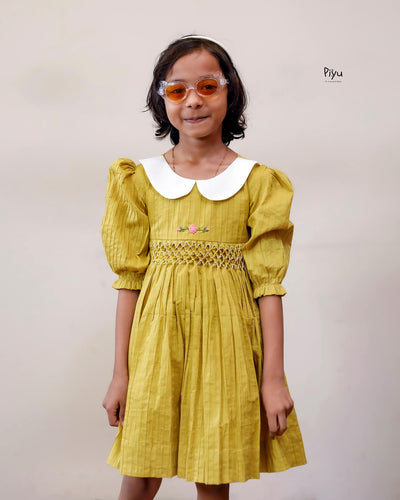 Cotton Pintuck Frock | Smocked Floral Yoke | Yellow