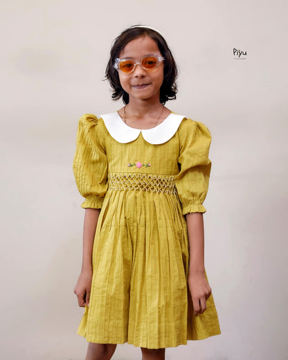Cotton Pintuck Frock | Smocked Floral Yoke | Yellow